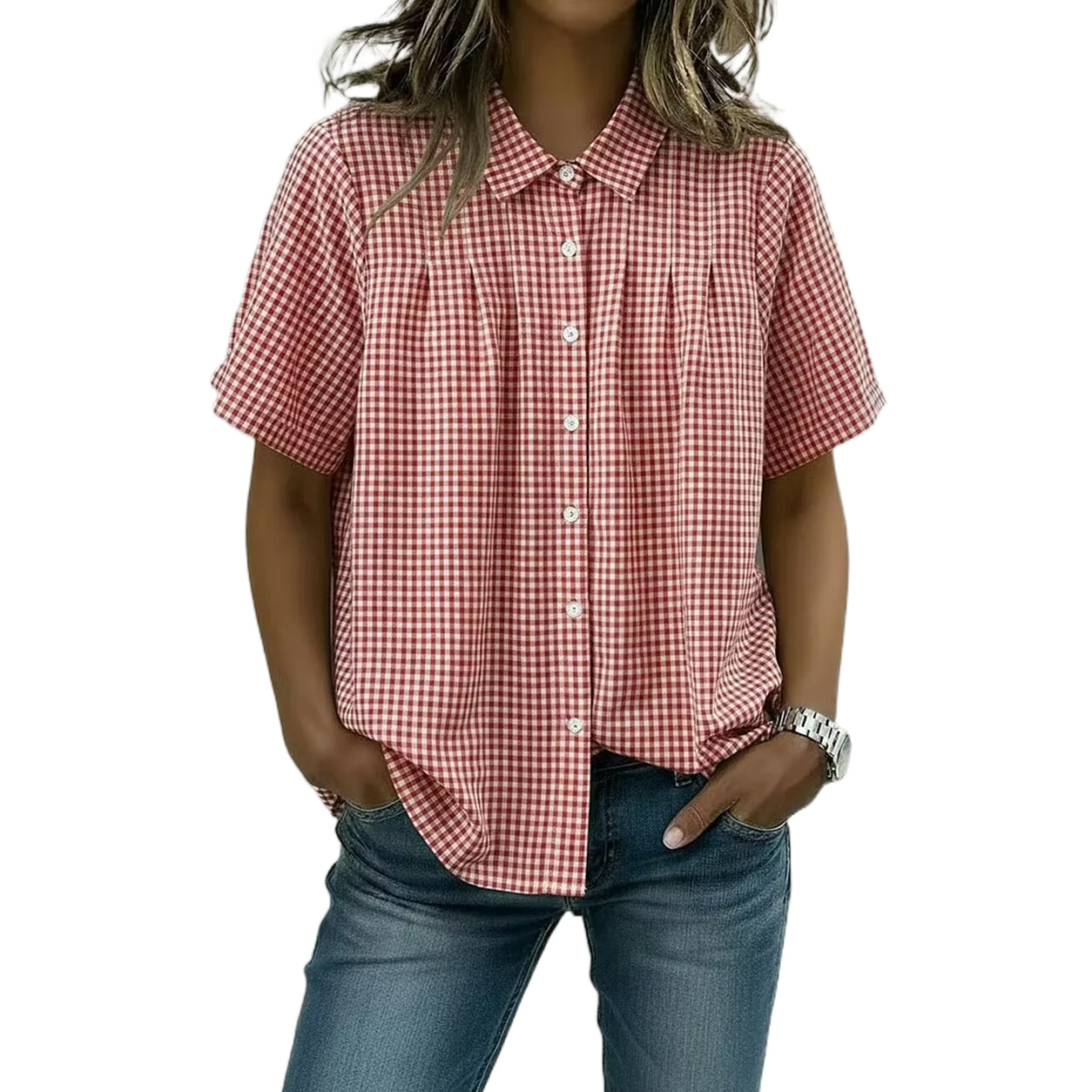 Women's Casual Gingham Checkered Shirt - Relaxed Fit Plaid Blouse