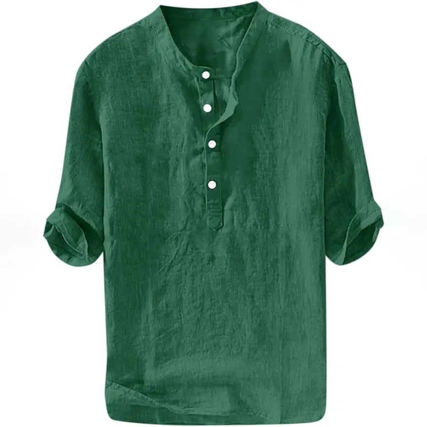 Men's Linen Shirts Casual Cotton 3/4 Sleeve Regular-Fit Henley T-Shirt