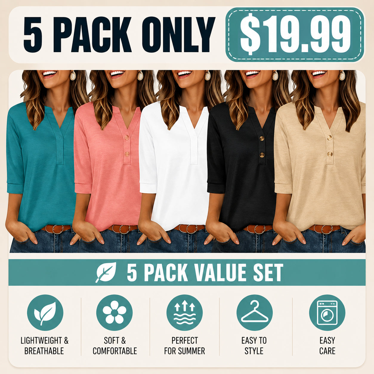 Women's Tops 3/4 Sleeve Heley Shirts for Women Summer Fashion Blouses