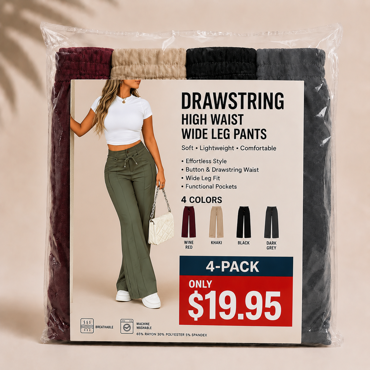 New Summer Linen Cotton High Rise Wide Leg Pants Adjustable Drawstring Waist Soft Sweat Wicking Loose Fit Daily Wear Pants For Women