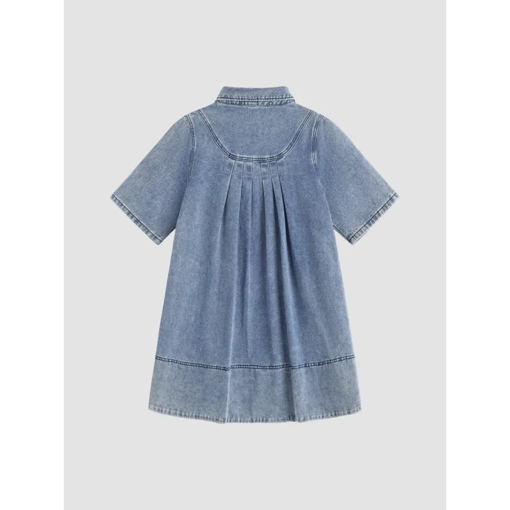 Women's Denim Shirt Mini Dress - Short Sleeve A-Line Swing Fit with Button Half-Placket and Chest Pocket