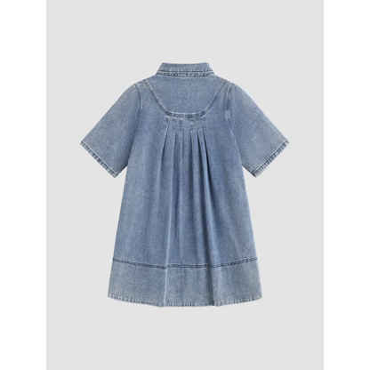 Women's Denim Shirt Mini Dress - Short Sleeve A-Line Swing Fit with Button Half-Placket and Chest Pocket