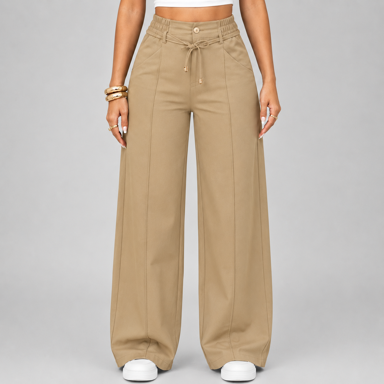 New Summer Linen Cotton High Rise Wide Leg Pants Adjustable Drawstring Waist Soft Sweat Wicking Loose Fit Daily Wear Pants For Women