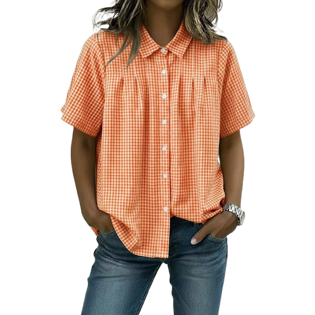 Women's Casual Gingham Checkered Shirt - Relaxed Fit Plaid Blouse