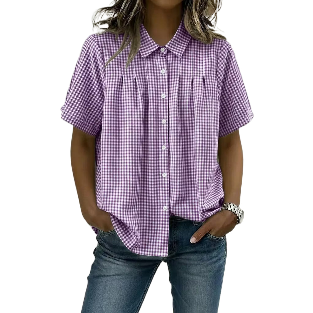 Women's Casual Gingham Checkered Shirt - Relaxed Fit Plaid Blouse