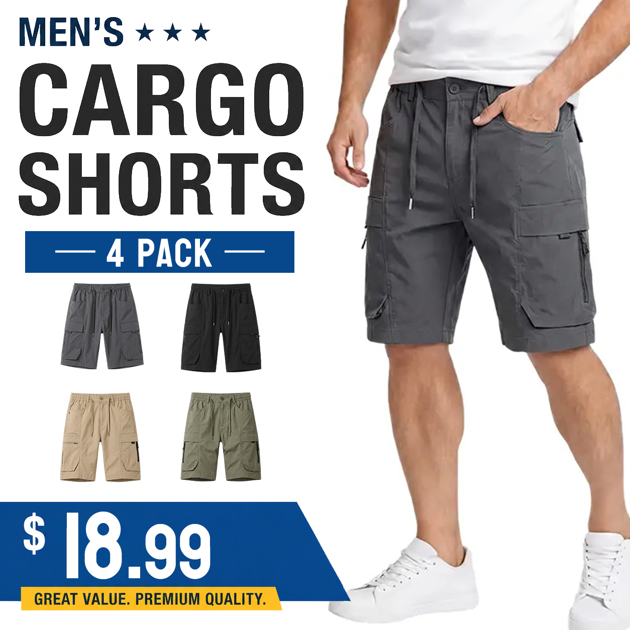 Multi Pack Men Casual Work Cargo Shorts, Button Waist Belt Loops, Secure Zip Side Cargo Pockets Lightweight Outdoor Walking Short Pants