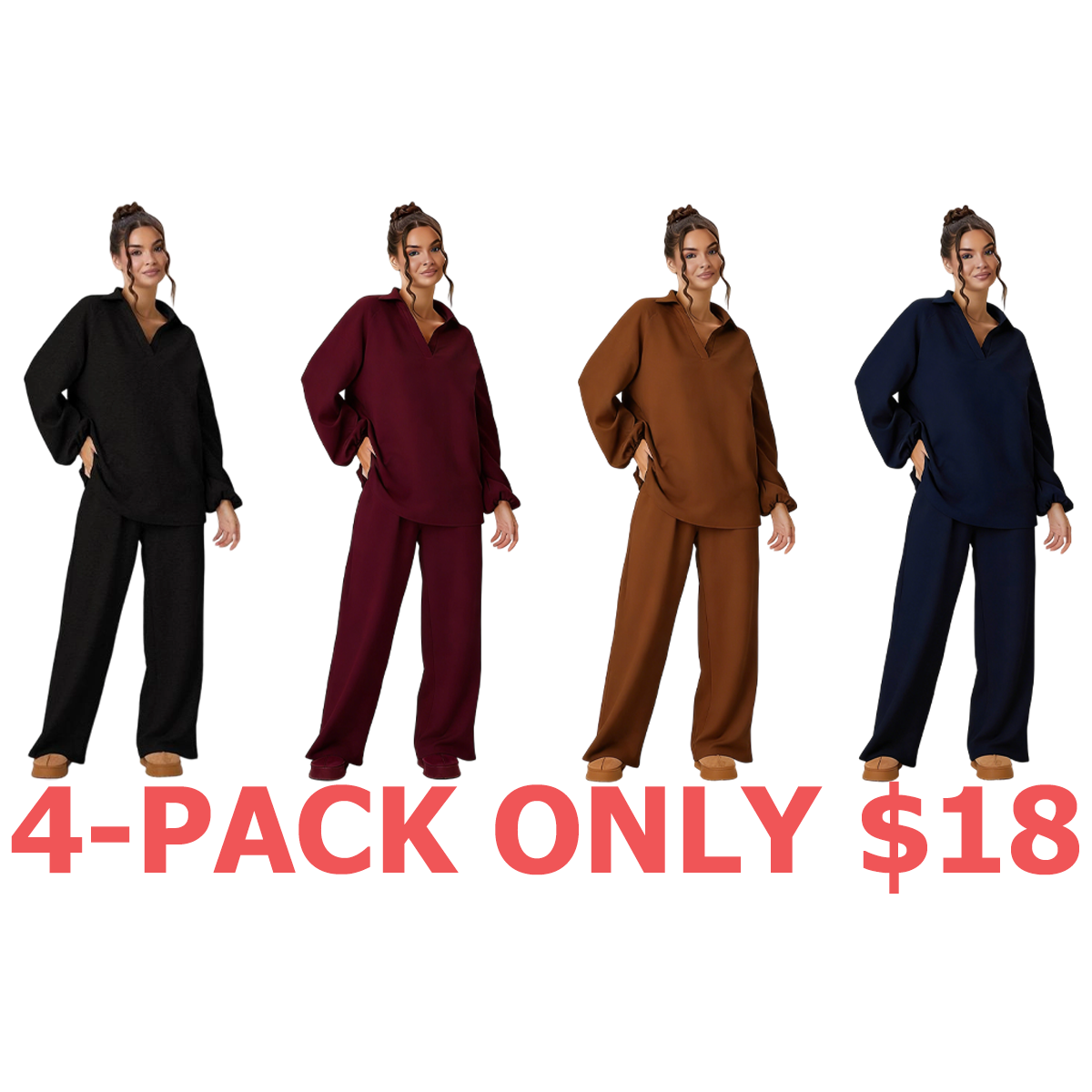 Women's Slouchy Solid Color V-Neck Loose Textured Pullover & Drawstring Waist Trousers Co-ord