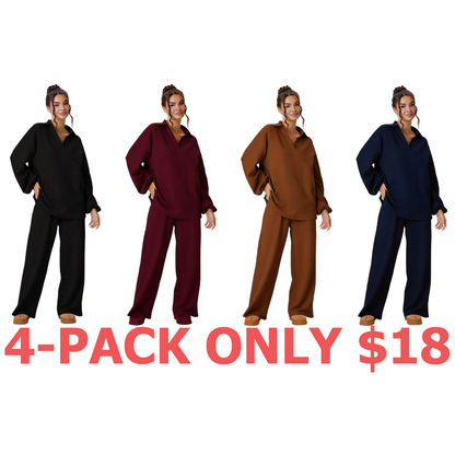 Women's Slouchy Solid Color V-Neck Loose Textured Pullover & Drawstring Waist Trousers Co-ord