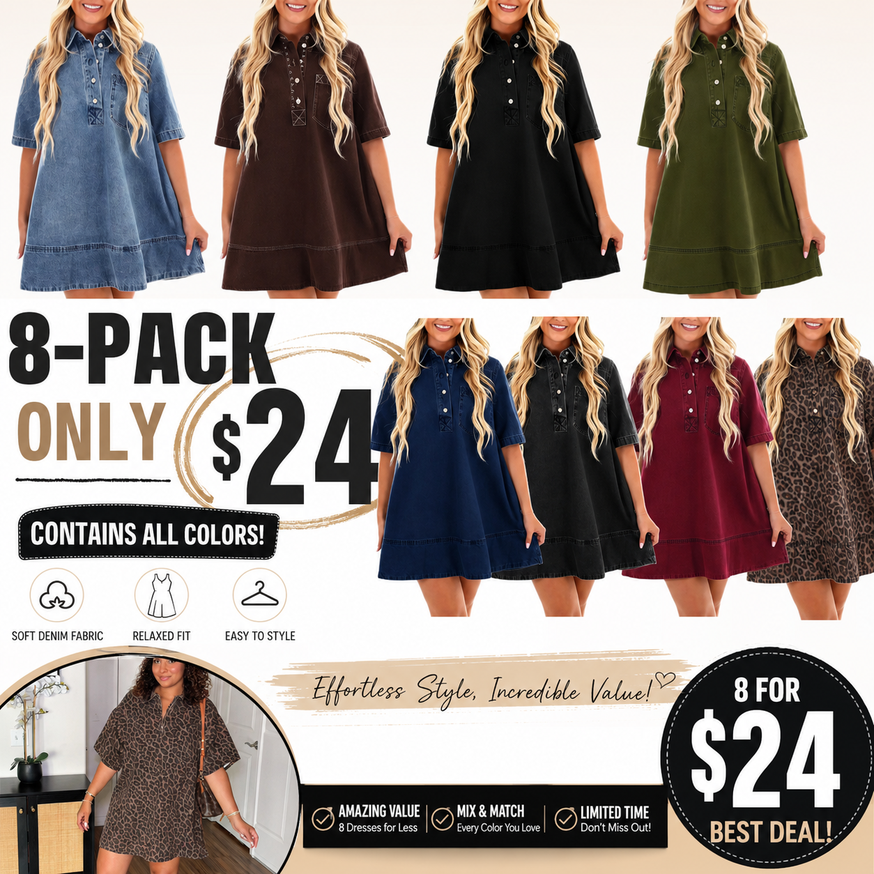 Women's Denim Shirt Mini Dress - Short Sleeve A-Line Swing Fit with Button Half-Placket and Chest Pocket