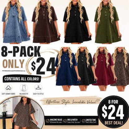 Women's Denim Shirt Mini Dress - Short Sleeve A-Line Swing Fit with Button Half-Placket and Chest Pocket