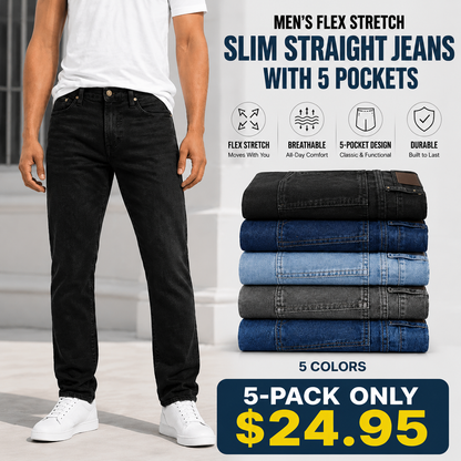 Men's 5-Pack Flex Stretch Slim Straight Jeans with 5 Pockets Denim Fabric Menswear