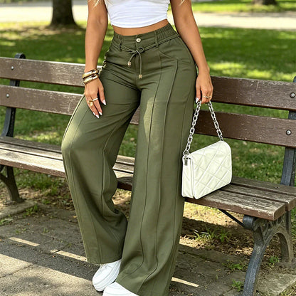 New Summer Linen Cotton High Rise Wide Leg Pants Adjustable Drawstring Waist Soft Sweat Wicking Loose Fit Daily Wear Pants For Women