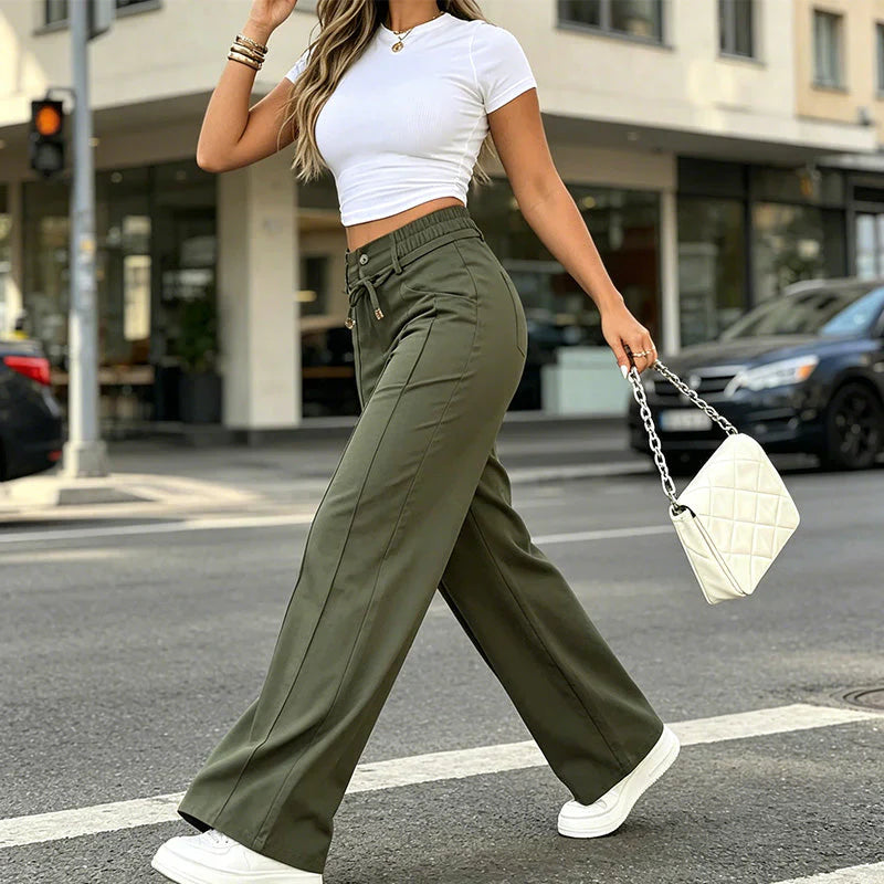 New Summer Linen Cotton High Rise Wide Leg Pants Adjustable Drawstring Waist Soft Sweat Wicking Loose Fit Daily Wear Pants For Women
