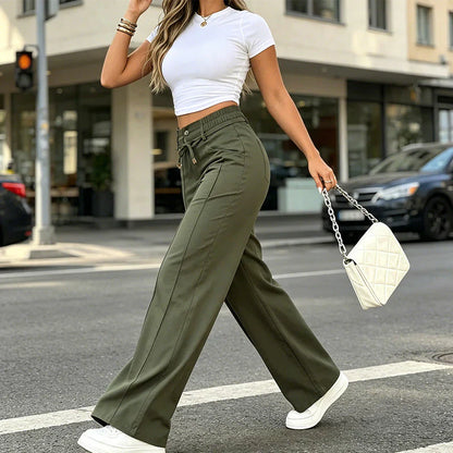 New Summer Linen Cotton High Rise Wide Leg Pants Adjustable Drawstring Waist Soft Sweat Wicking Loose Fit Daily Wear Pants For Women