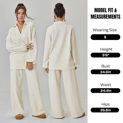 Women's Slouchy Solid Color V-Neck Loose Textured Pullover & Drawstring Waist Trousers Co-ord