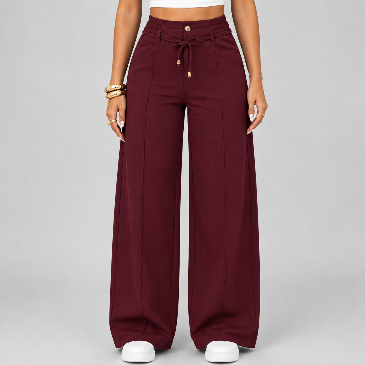 New Summer Linen Cotton High Rise Wide Leg Pants Adjustable Drawstring Waist Soft Sweat Wicking Loose Fit Daily Wear Pants For Women