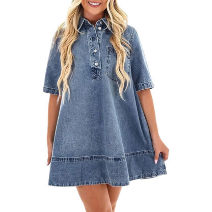 Women's Denim Shirt Mini Dress - Short Sleeve A-Line Swing Fit with Button Half-Placket and Chest Pocket