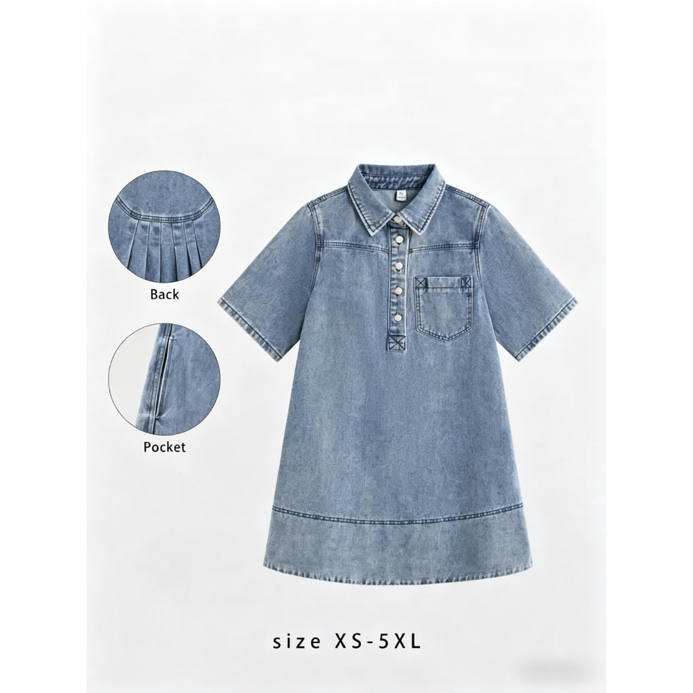 Women's Denim Shirt Mini Dress - Short Sleeve A-Line Swing Fit with Button Half-Placket and Chest Pocket