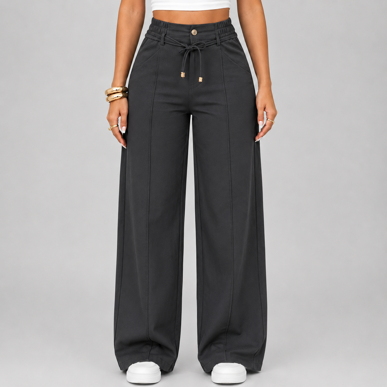 New Summer Linen Cotton High Rise Wide Leg Pants Adjustable Drawstring Waist Soft Sweat Wicking Loose Fit Daily Wear Pants For Women