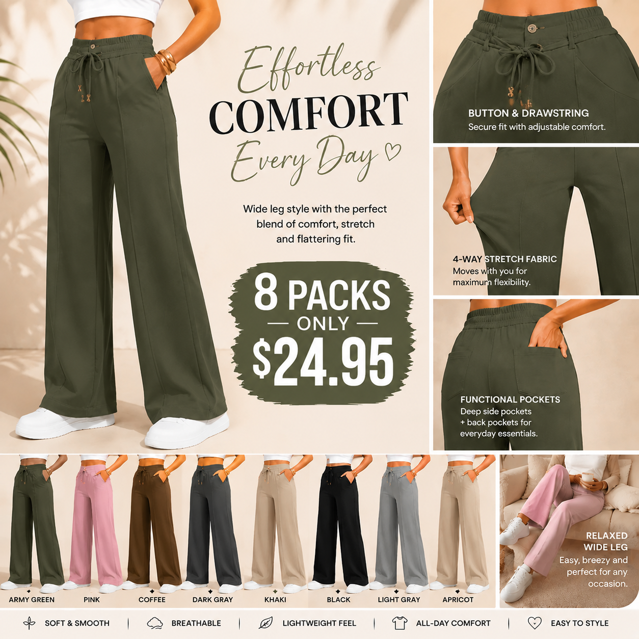 New Summer Linen Cotton High Rise Wide Leg Pants Adjustable Drawstring Waist Soft Sweat Wicking Loose Fit Daily Wear Pants For Women