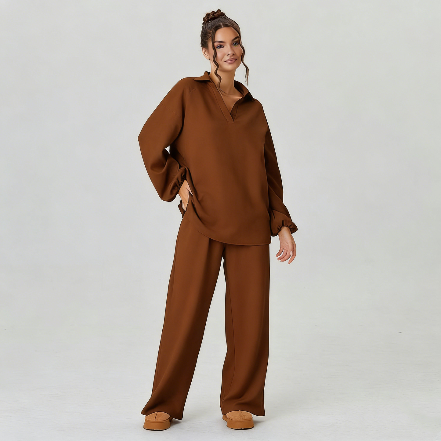 Women's Slouchy Solid Color V-Neck Loose Textured Pullover & Drawstring Waist Trousers Co-ord