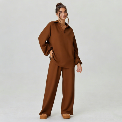 Women's Slouchy Solid Color V-Neck Loose Textured Pullover & Drawstring Waist Trousers Co-ord