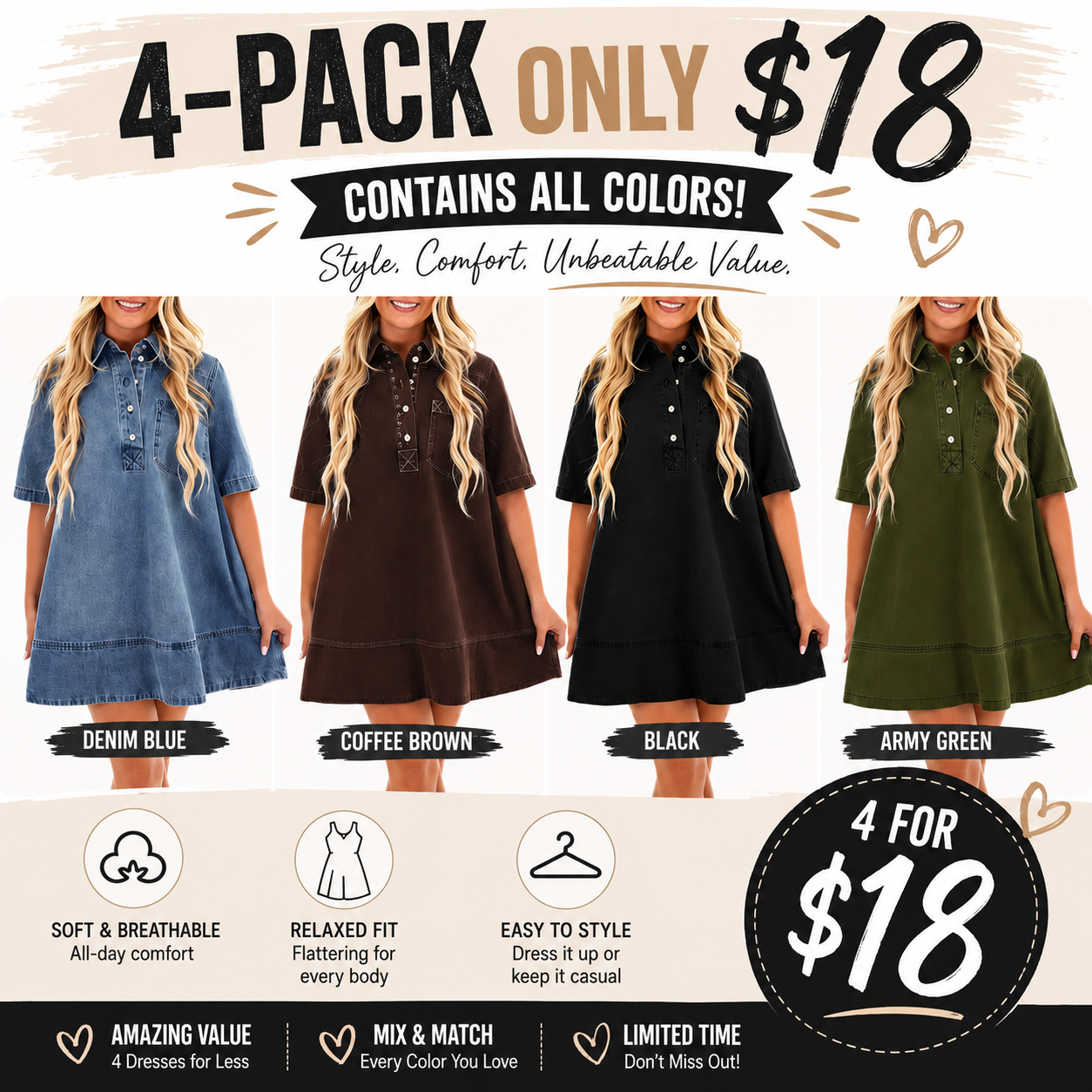 Women's Denim Shirt Mini Dress - Short Sleeve A-Line Swing Fit with Button Half-Placket and Chest Pocket