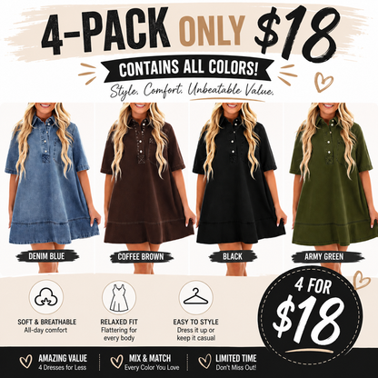 Women's Denim Shirt Mini Dress - Short Sleeve A-Line Swing Fit with Button Half-Placket and Chest Pocket