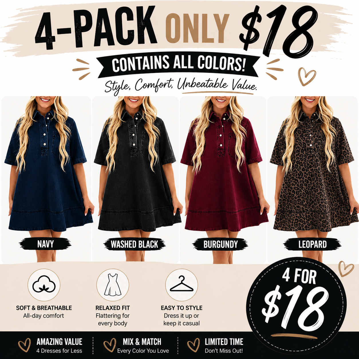 Women's Denim Shirt Mini Dress - Short Sleeve A-Line Swing Fit with Button Half-Placket and Chest Pocket