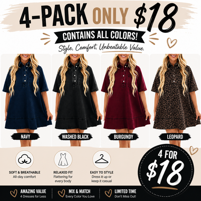 Women's Denim Shirt Mini Dress - Short Sleeve A-Line Swing Fit with Button Half-Placket and Chest Pocket