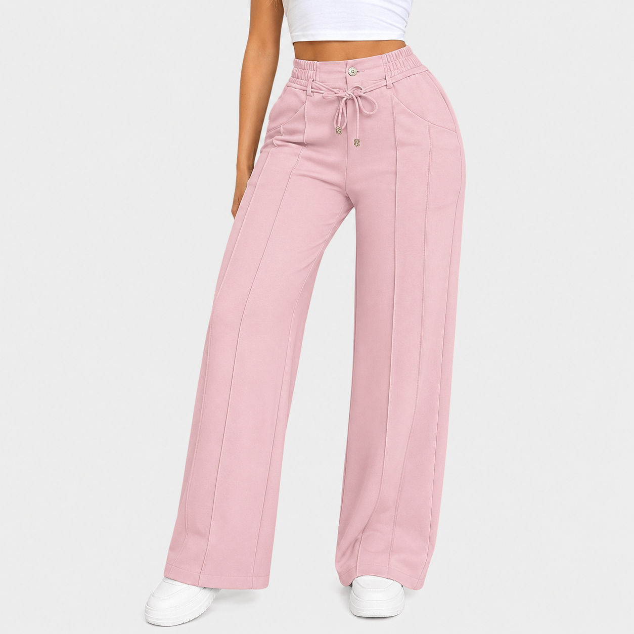 New Summer Linen Cotton High Rise Wide Leg Pants Adjustable Drawstring Waist Soft Sweat Wicking Loose Fit Daily Wear Pants For Women