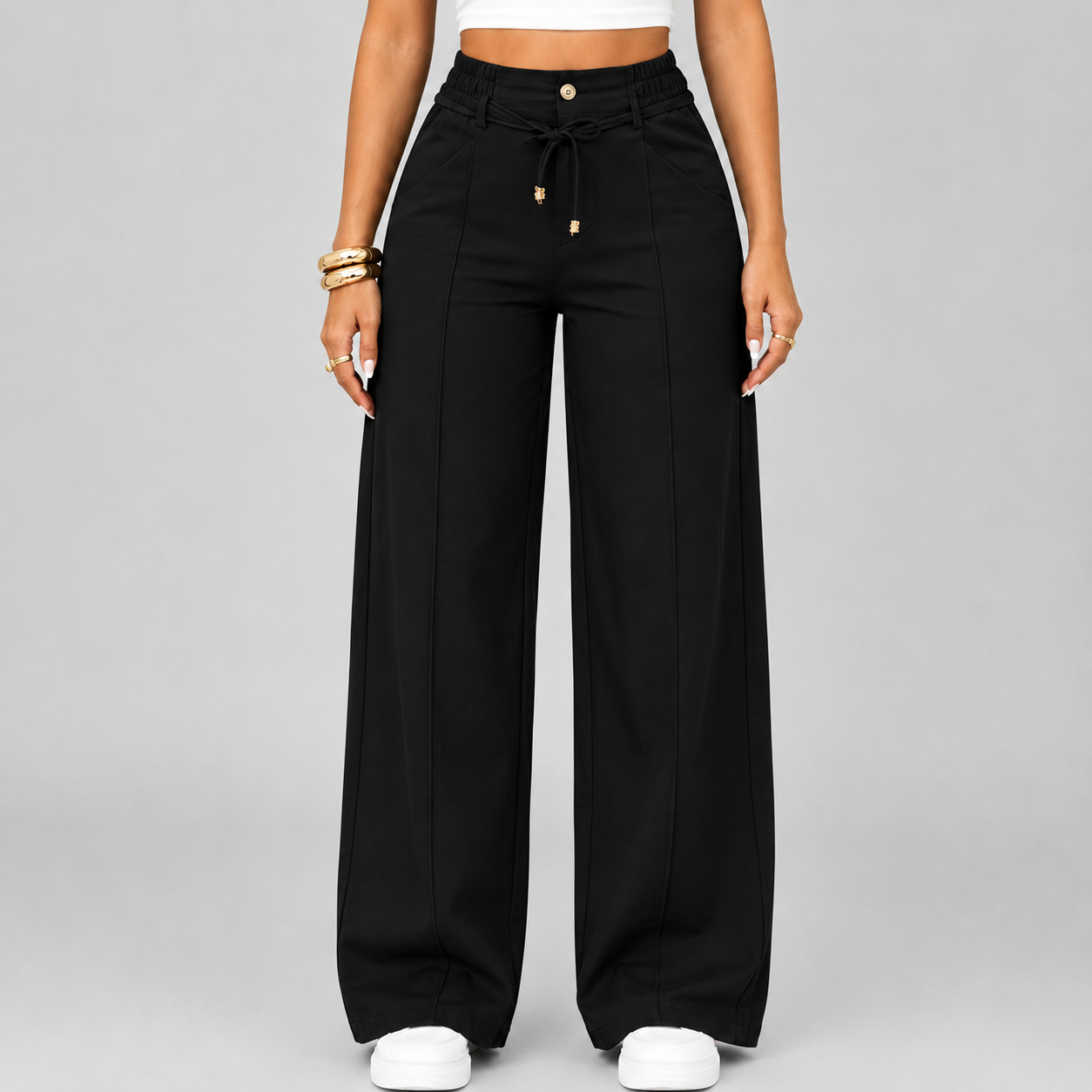 New Summer Linen Cotton High Rise Wide Leg Pants Adjustable Drawstring Waist Soft Sweat Wicking Loose Fit Daily Wear Pants For Women