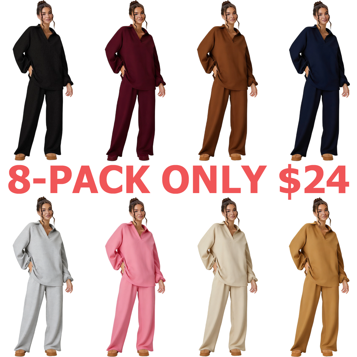 Women's Slouchy Solid Color V-Neck Loose Textured Pullover & Drawstring Waist Trousers Co-ord