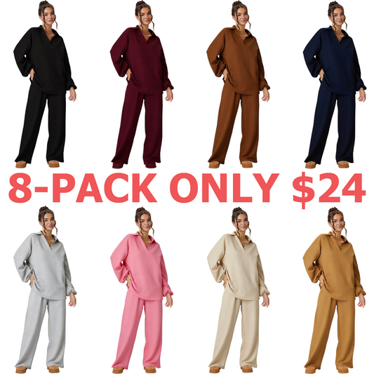 Women's Slouchy Solid Color V-Neck Loose Textured Pullover & Drawstring Waist Trousers Co-ord