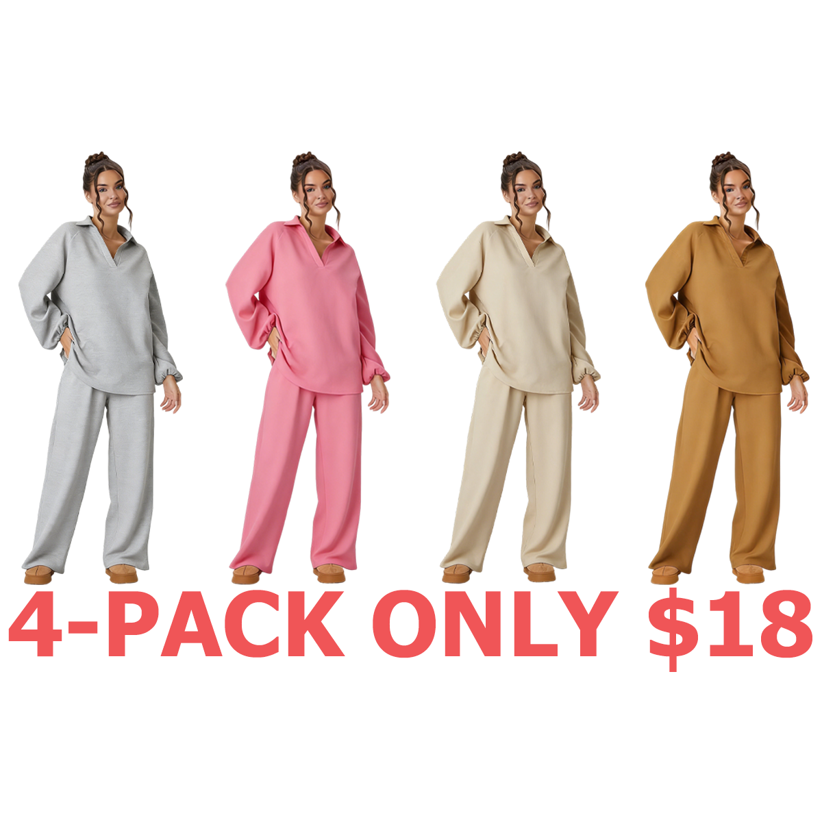 Women's Slouchy Solid Color V-Neck Loose Textured Pullover & Drawstring Waist Trousers Co-ord