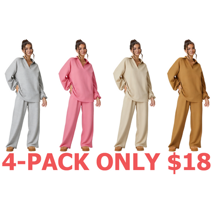 Women's Slouchy Solid Color V-Neck Loose Textured Pullover & Drawstring Waist Trousers Co-ord