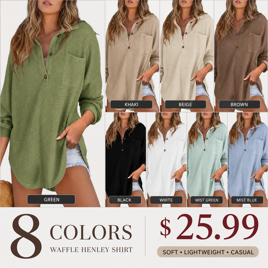 Women's Oversized Waffle Knit Henley Top - Casual V-Neck Mesh Knitwear Long Sleeve Tunic Blouse for Fall